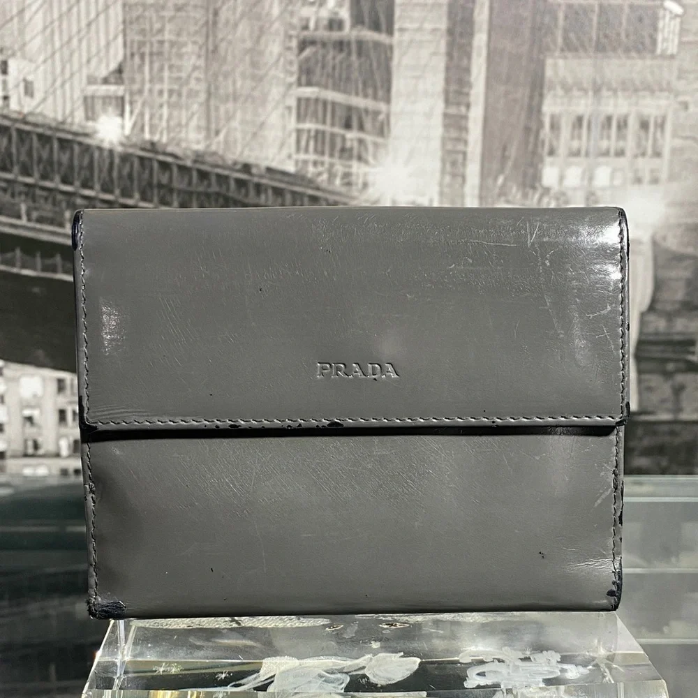 Authentic Prada Grey Shiny Leather Wallet